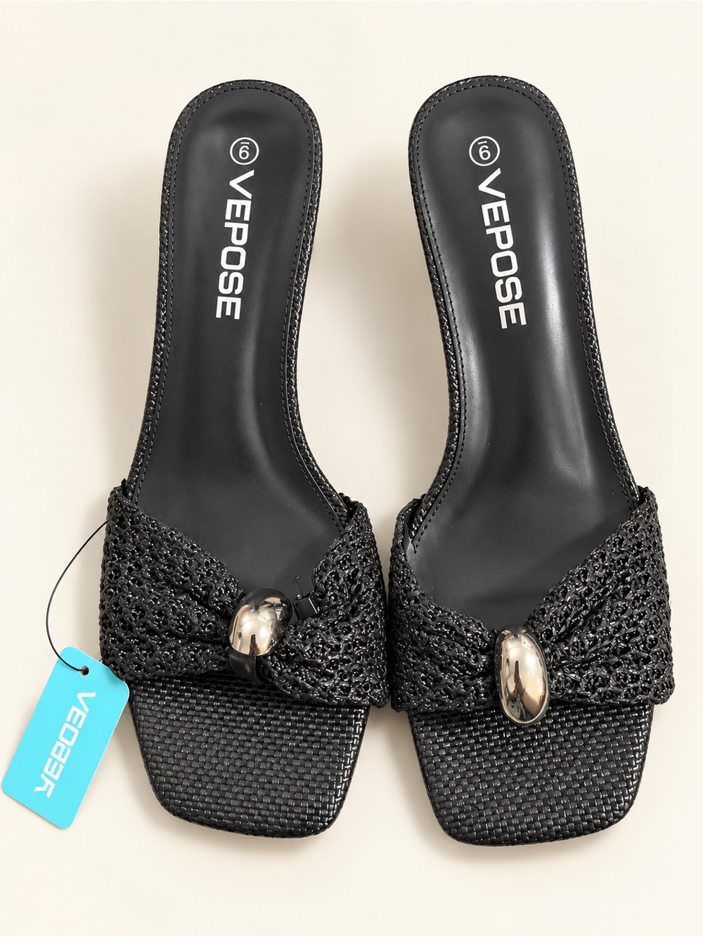 Vepose Black Woven Slide Mules with Metallic Detail